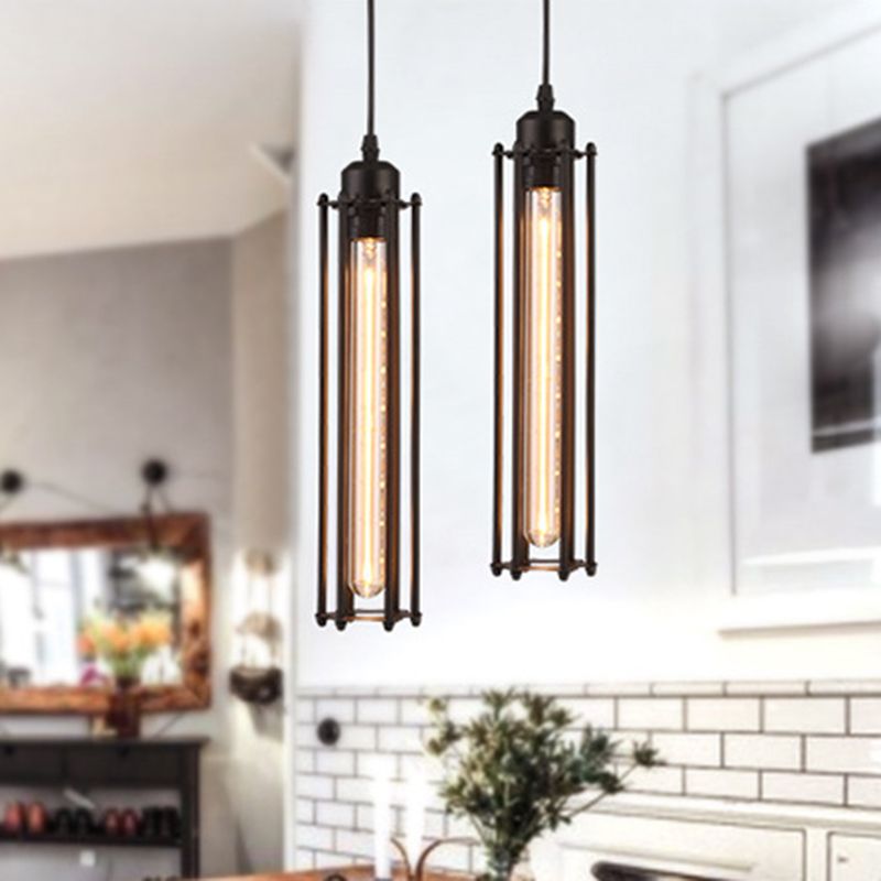 1-Bulb Cylindrical Ceiling Fixture Industrial Black Iron Cage Pendant Light for Bar