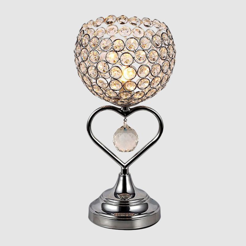 Chrome Domed Night Lamp Modernist 1-Light Crystal Encrusted Table Light with Loving Heart Detail