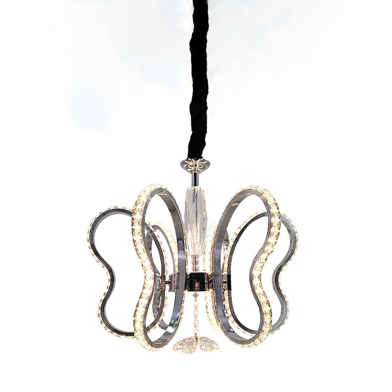 Crystal Butterfly Suspended Lighting Fixture Modern LED Ceiling Hung Fixture in Chrome