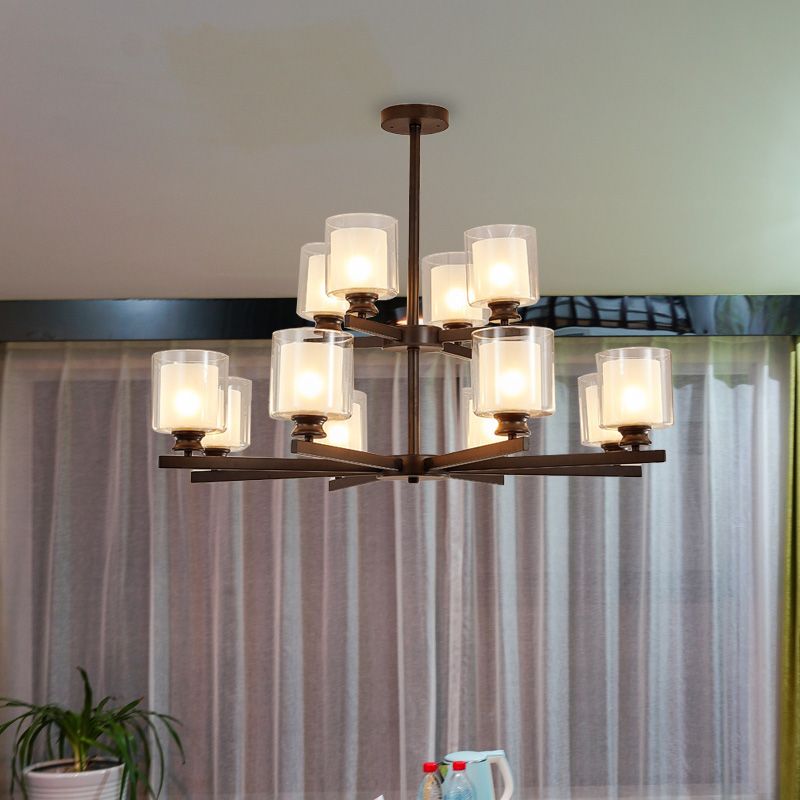 2-Tier Cylinder White Glass Chandelier with Radial Design Modernist 12 Lights Black/Gold/Sliver Hanging Light Fixture