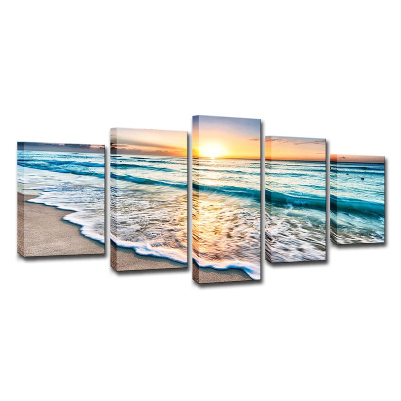 Sunset Beach Wave Art Print Ocean-Blue Canvas Wall Decor for Dining Room, Multi-Piece