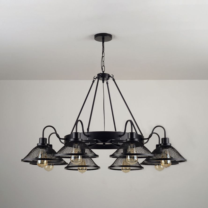 6/8-Light Flared Chandelier Lighting with Wire Mesh Shade Industrial Black Metal Down/Up Ceiling Light for Restaurant