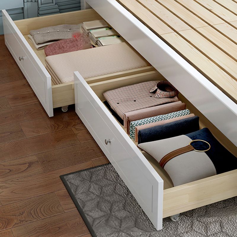 Solid Wood Panel Bed Contemporary White Standard Bed with 2 Drawers