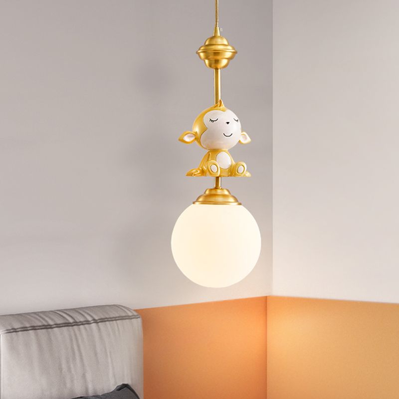 Gold Finish Monkey Pendulum Lamp Cartoon 1 Bulb Resin Suspension Light with Ball Frosted Glass Shade