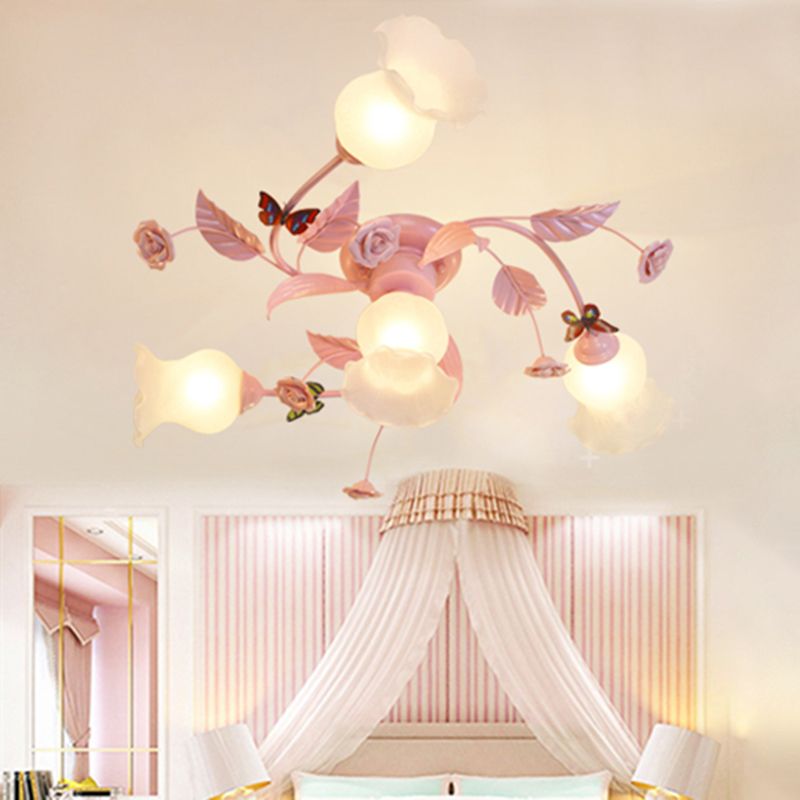 4/7 Lampenlampen Spiraldecke Leuchte Leuchte traditionelle rosa Satin Opalglas Halbflush -Halterung Beleuchtung für Schlafzimmer