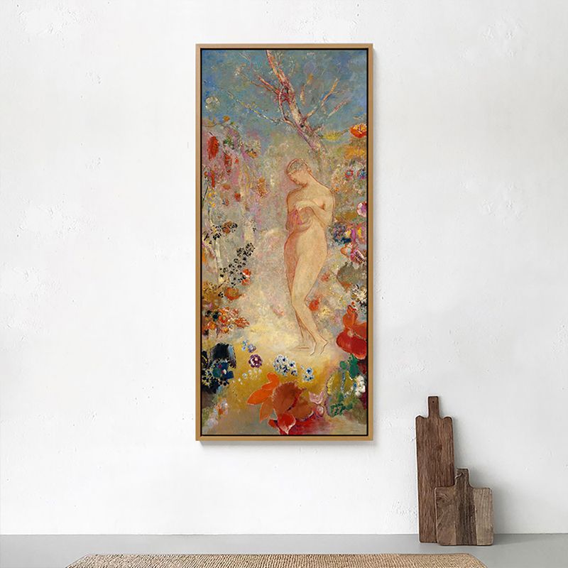 Traditional Standing Nude Figure Art in Orange Textured Wall Decor for Living Room