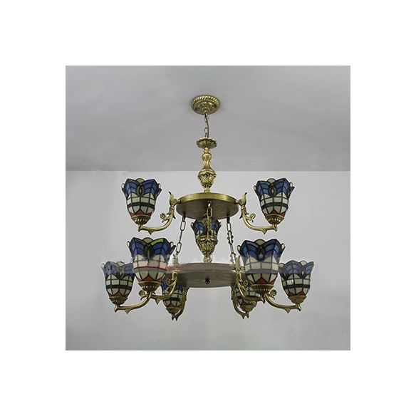 Baroque Bell Suspended Light with Adjustable Chain Stained Glass 2 Tiers Chandelier Lighting in Blue