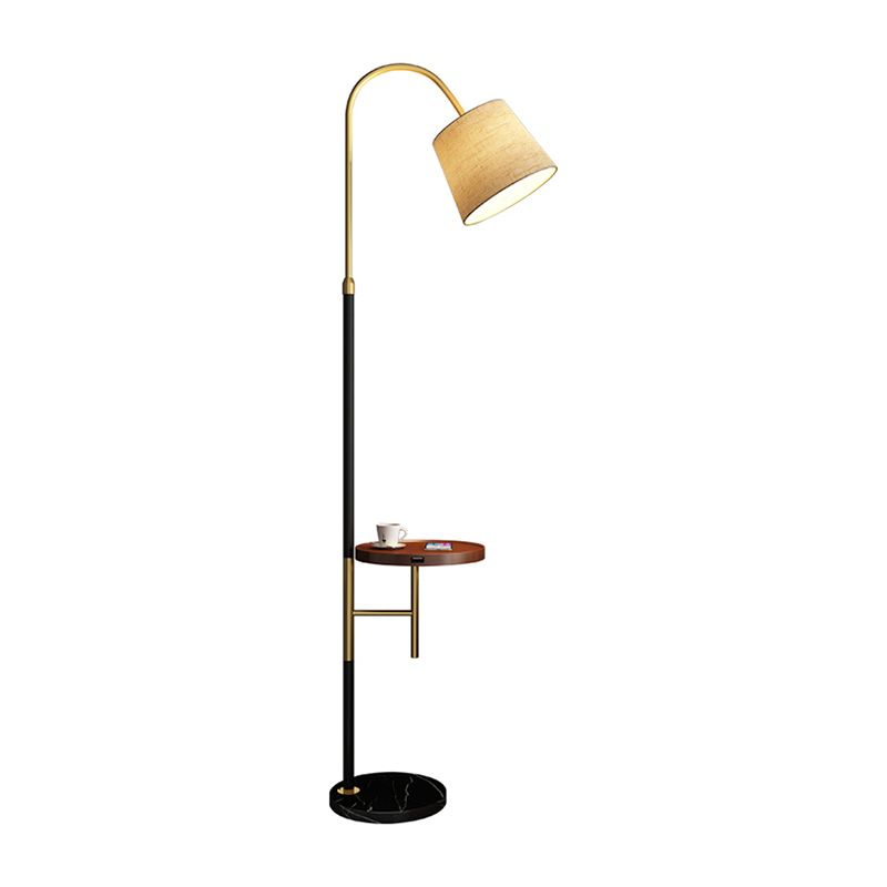 Single-Bulb Floor Lamp Traditional Tapered Shape Fabric Standing Light with Tray in Black