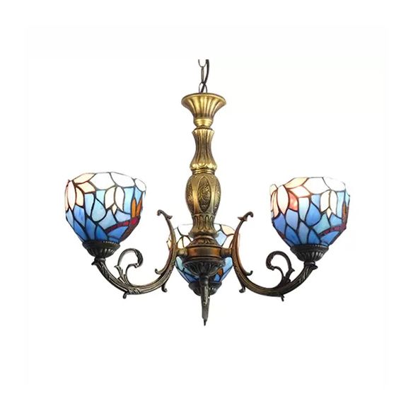 Tiffany Style Chandelier Living Room Lamp, 3 Lights Art Glass Pendant Lighting in Aged Brass with Bell Shade