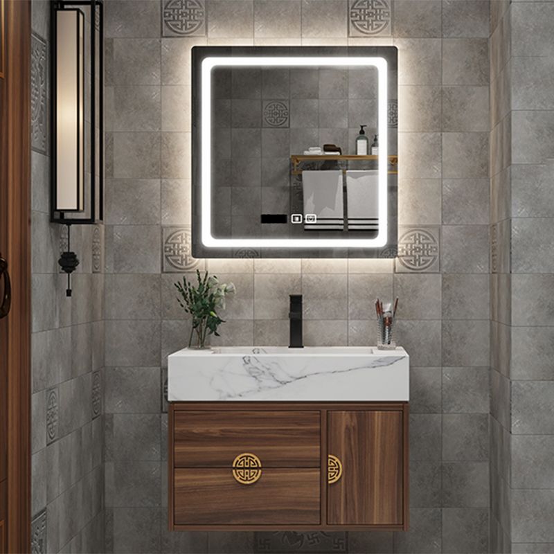 Wood Frame Vanity 2 Drawers Wall Mount Single Sink Rectangle Bathroom Vanity with Mirror