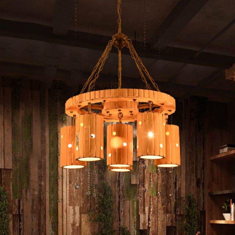 Cylindre gravé beige suspendu à la ferme de lustre Bamboo 6 lumières Lumières de suspension de restaurant avec conception de roues