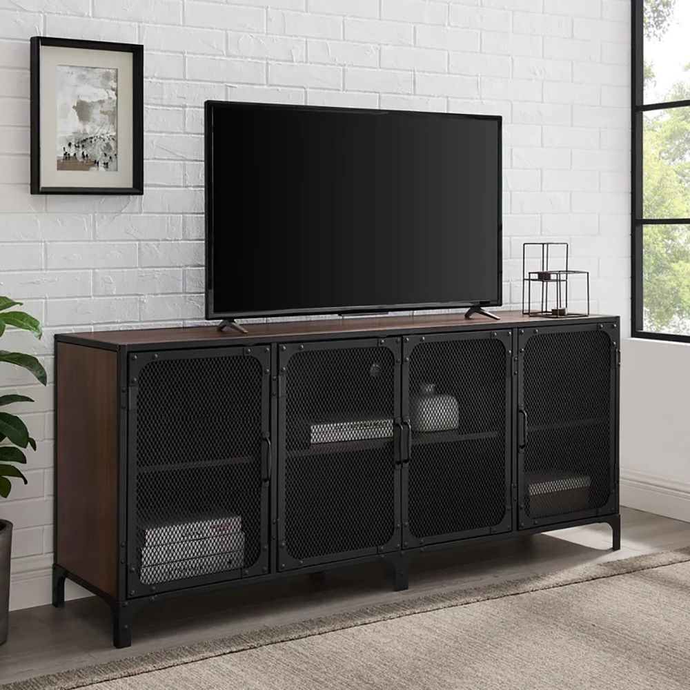 Industrial Wood TV Stand Enclosed Storage TV Media Console with Legs for Living Room