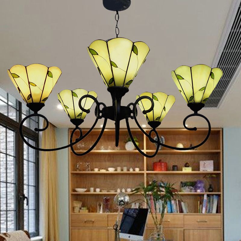 Chandelier de feuilles de style loft Éclairage 5 lumières Tanage de vitraux suspendus légers en beige