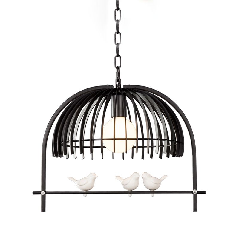 Metal Dome Shade Ceiling Pendant Light with Bird Cage Design Lodge Style 1 Bulb Indoor Hanging Lamp in Black/White