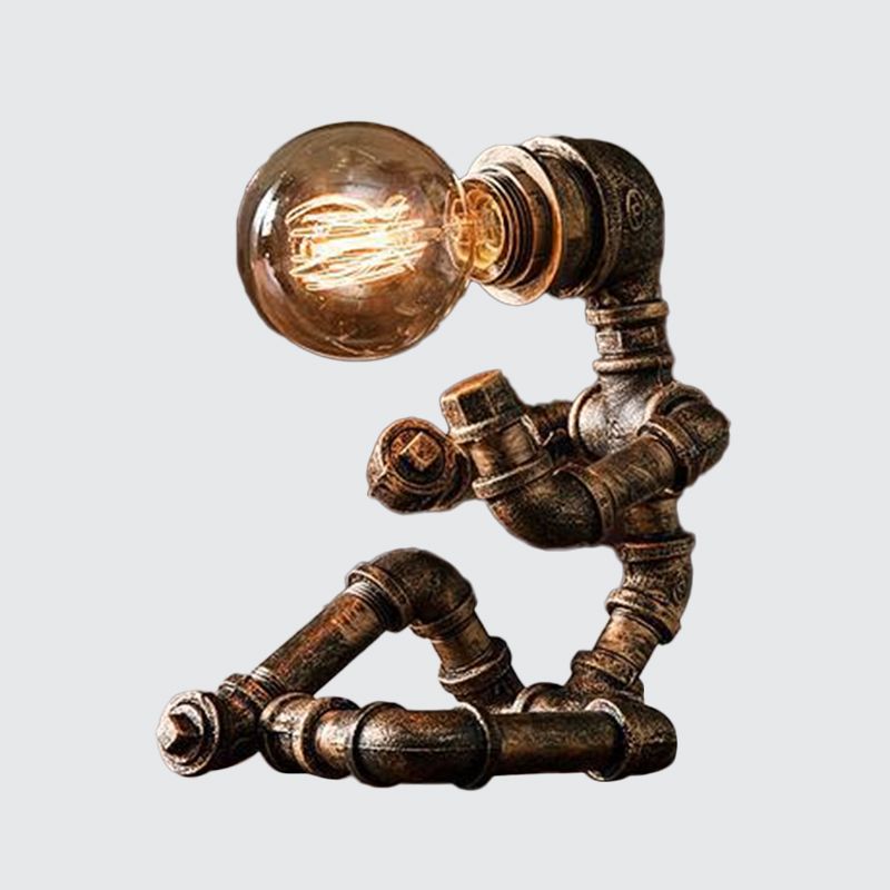 Industrial Pipe Man Night Lamp 1 Head Wrought Iron Table Light in Brass for Boys Room