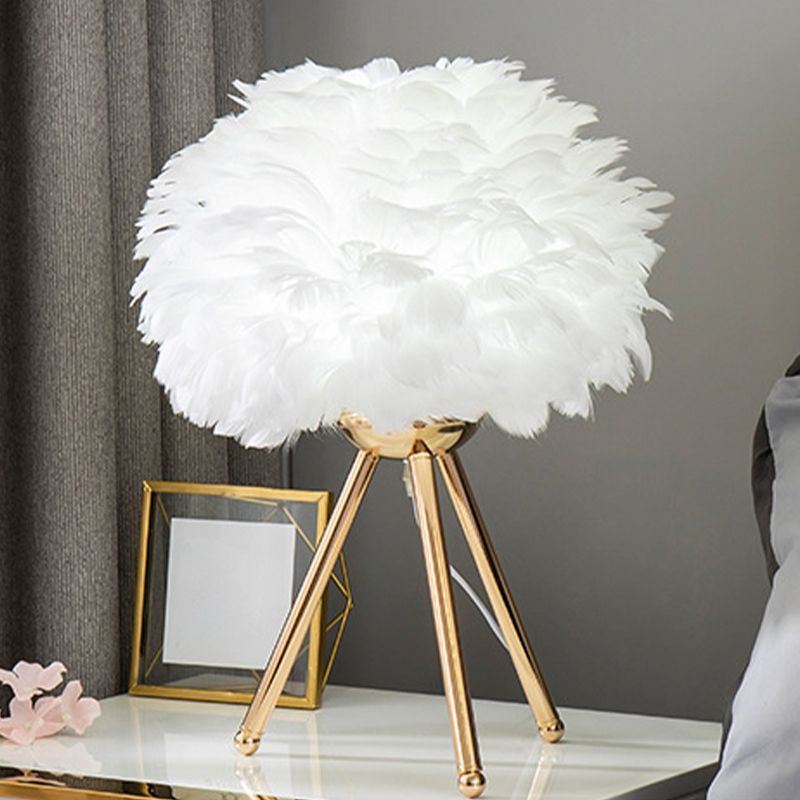 Bloom Nightstand Lamp Nordic Feather Single White/Pink Table Light with White/Gold Tripod for Bedroom