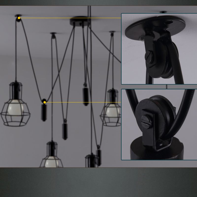 Multi-Light Pendant Industrial Cage Metal Ceiling Hang Light with Pulley in Black