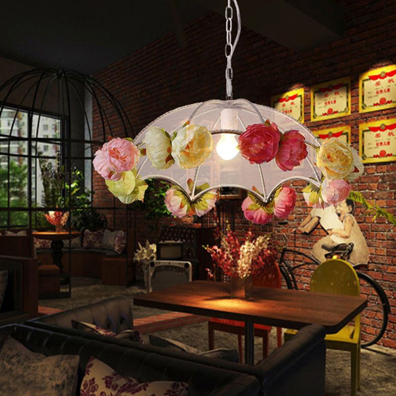 White 1 Light Hanging Lighting Antiqued PVC Umbrella Pendant Light Kit with Artificial Flower Deco