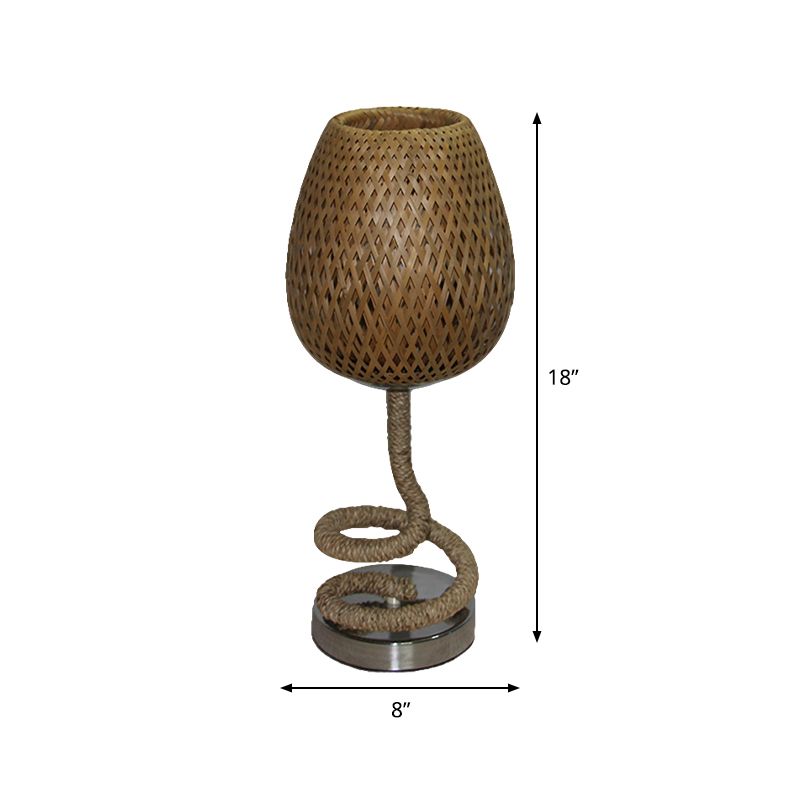 Flaxen Bud Shape Night Table Light Asia 1-Bulb Bamboo Rattan Night Lamp with Rope Design