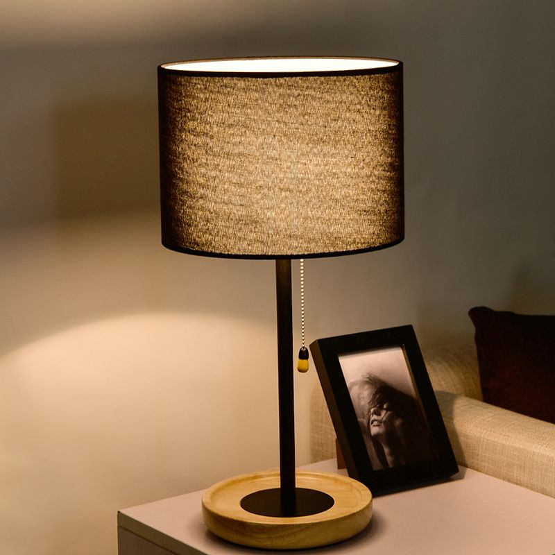 Modernist Cylinder Task Light Fabric 1 Bulb Reading Lamp in Black/Flaxen with Pull Chain