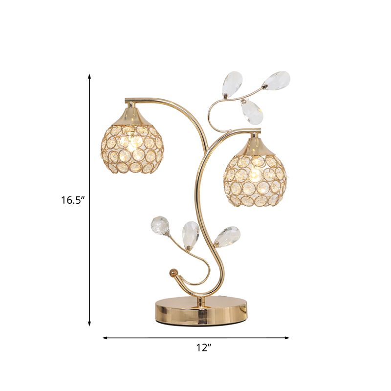 Modernist Flower Vine Table Light 2 Heads Crystal Encrusted Night Stand Lamp with Dome Shade in Gold