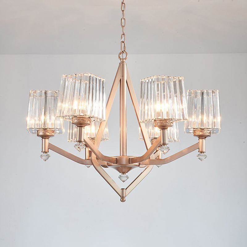 Clear Pyramid Glass Shade Hanging Chandelier Contemporary 6 Bulbs Hanging Ceiling Light in Copper Finish