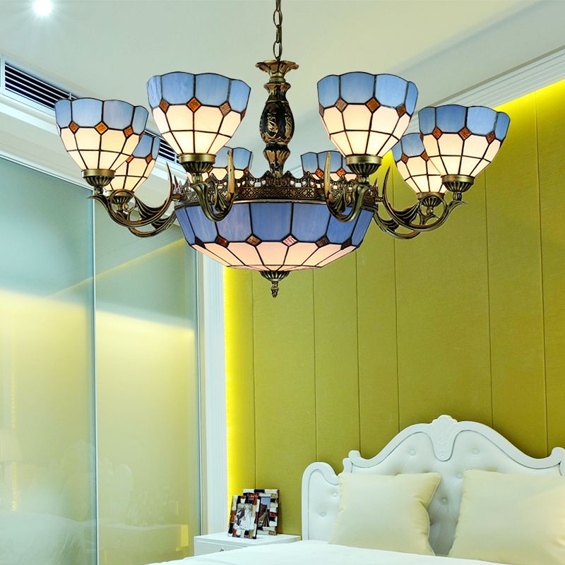 Bowl Shaped Chandelier Lighting Mediterranean Cut Glass 11 Lights Blue Hanging Ceiling Light