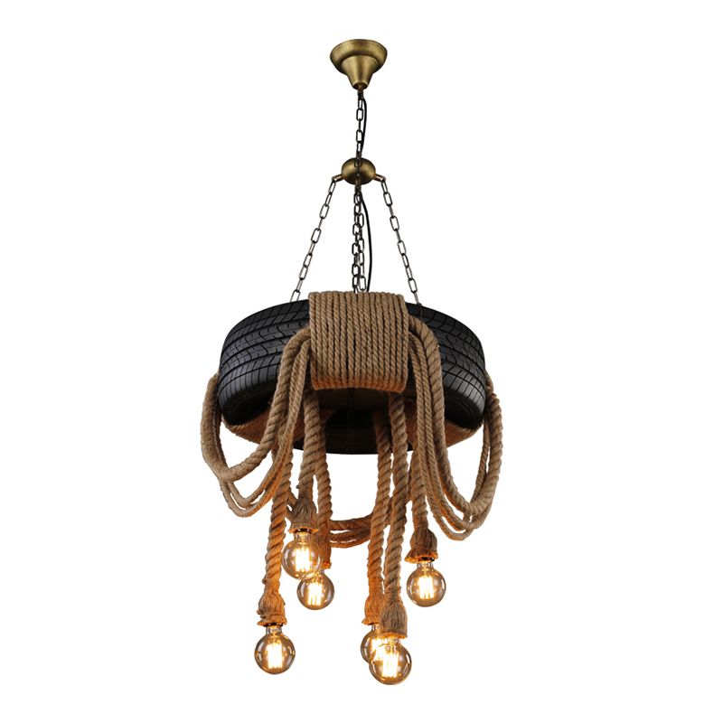 Antique Tyre Ceiling Lighting 6 Heads Hemp Rope Chandelier Light Fixture in Black