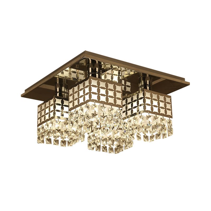 8 Heads Semi Flush Mount Contemporary Square Clear Crystal Ceiling Mounted Fixture in Silver