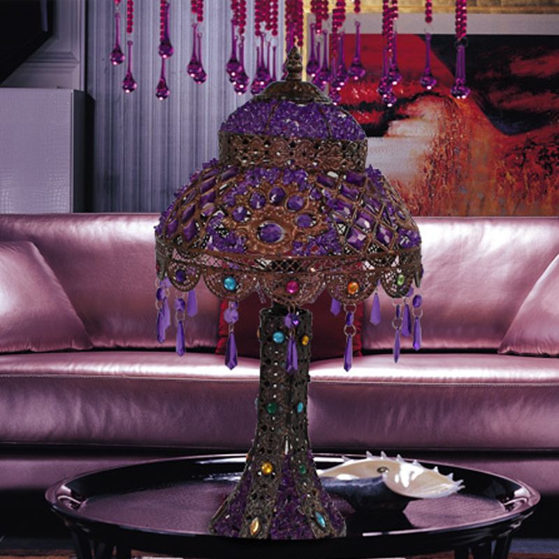 Dome Bedroom Night Table Lamp Decorative Metal 1 Light Purple Nightstand Lighting with Dangling Crystal