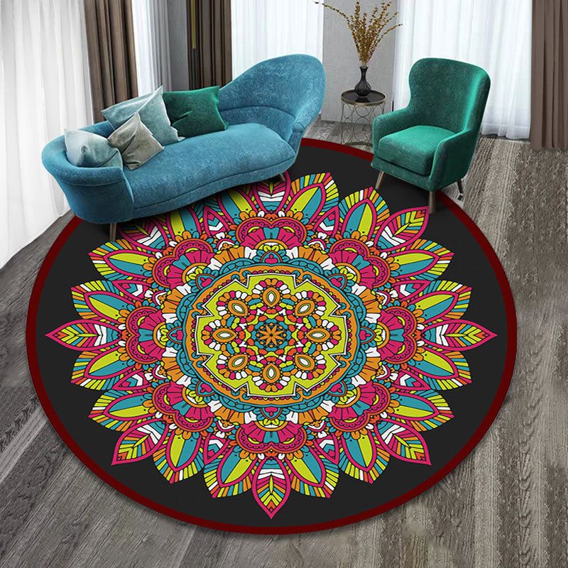 Multicolored Round Rug Moroccan Flower Print Carpet Friendly Washable Carpet for Home Decoration