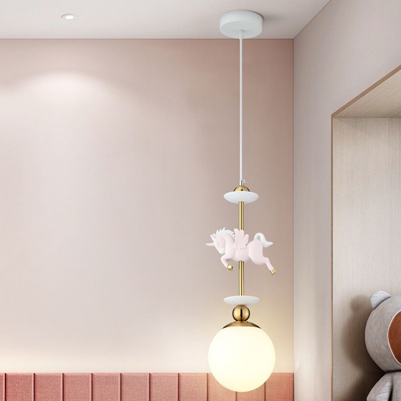 Modern Globe Hanging Light Glass 1 Head Bedroom Pendant Lamp with Unicorn Decoration in Pink