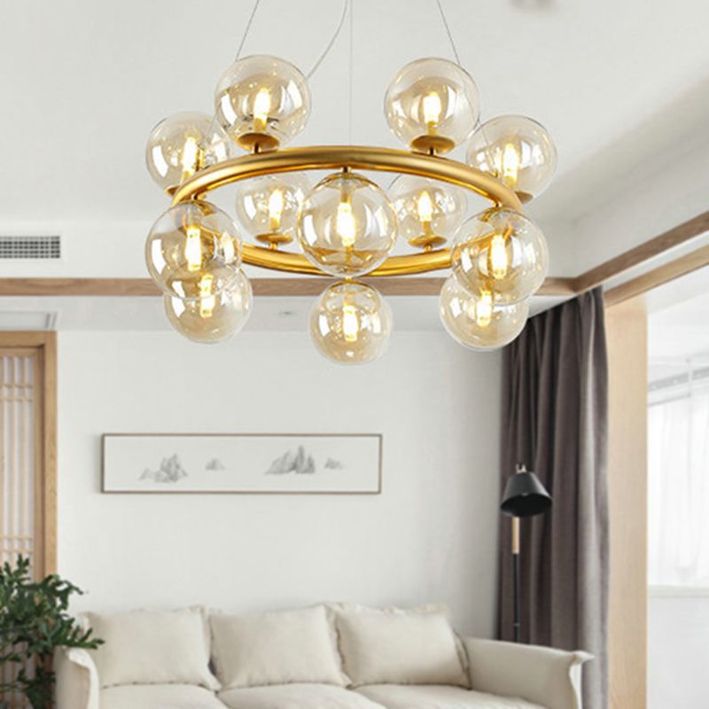 Post Modern Style 12 Bulbs Chandelier Gold Globe Suspension Light with Clear Glass Shade