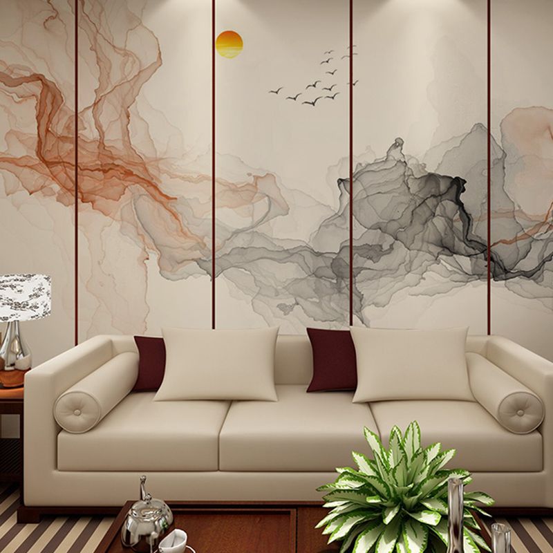 Extra Large Wall Mural for Living Room Swirled Smoke and Flying Bird Wall Art in Brown and Black, Stain-Resistant