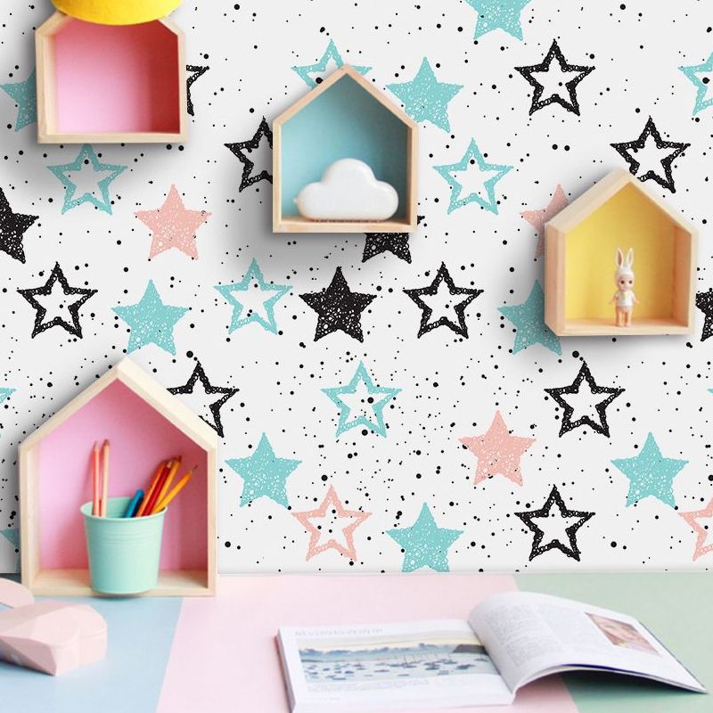 PVC Blue Wallpaper Panels Kids Star and Dot Print Self-Adhesive Wall Decor, 4' L x 20.5" W