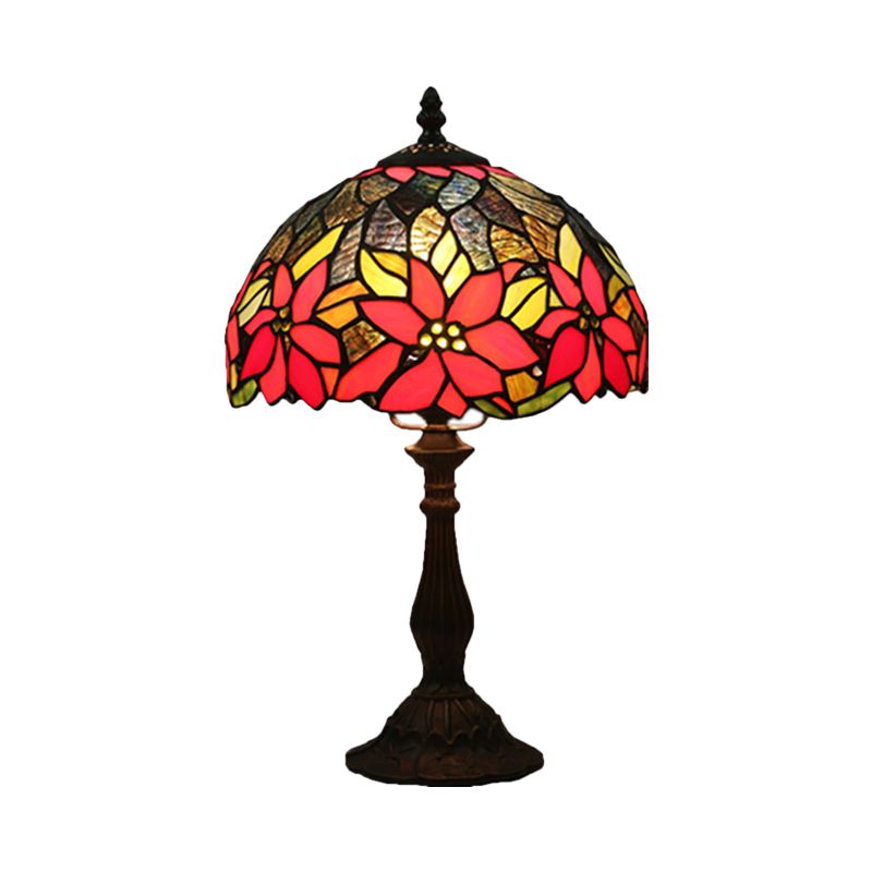 Bowl Shape Desk Lighting 1-Head Stained Art Glass Mediterranean Flower Patterned Table Lamp in Bronze