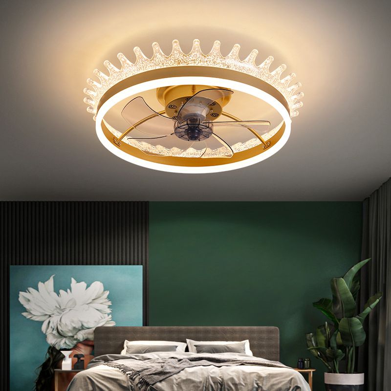 Elegant Minimalist Crown Shaped Fan Lamp Acrylic Bedroom LED Semi Flush Light Fixture