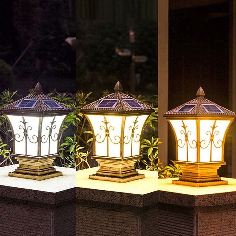 Traditional Lantern Solar Post Lamp Frosted Glass LED Street Lighting in Antiqued Brass