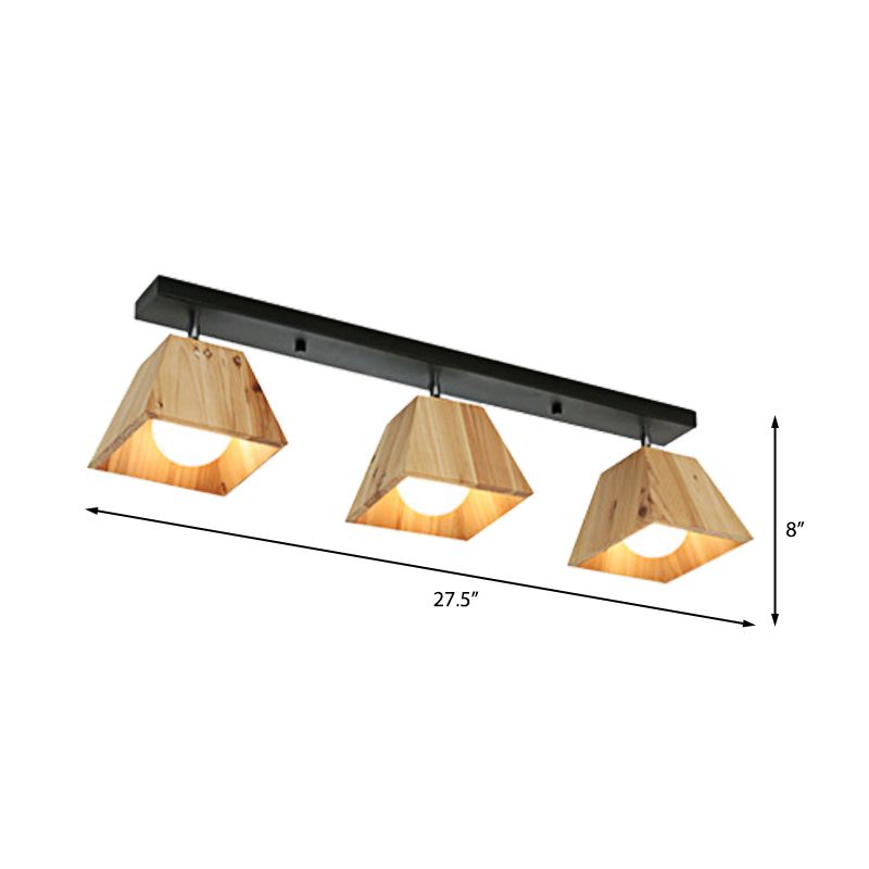 Black/White Linear Semi Flushmount Lamp with Trapezoid Wooden Shade Modern 2/3-Bulb Semi Flush Ceiling Fixture