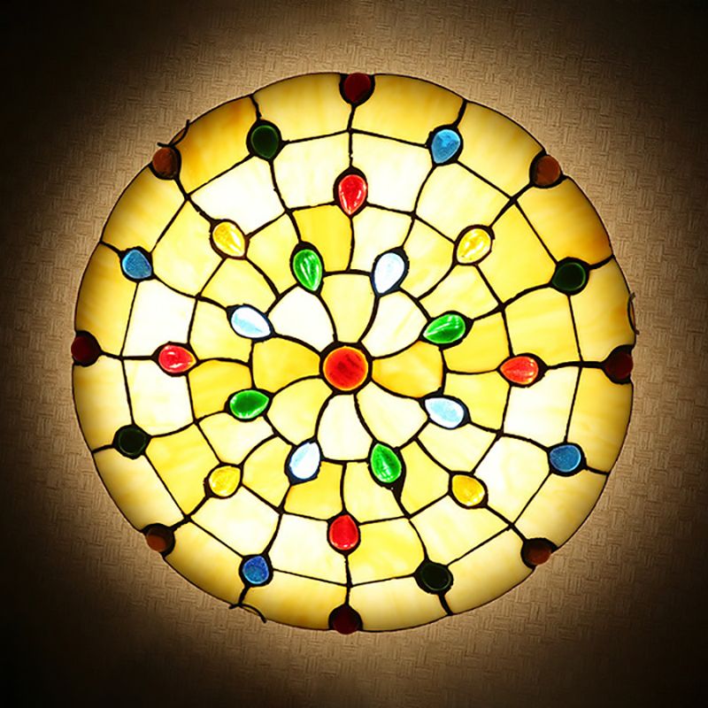 Beige/Yellow Bowl Flush Mount Light Rustic Loft Stained Glass 12"/16"/19.5" W Bedroom Flush Ceiling Light with Jewel Decoration