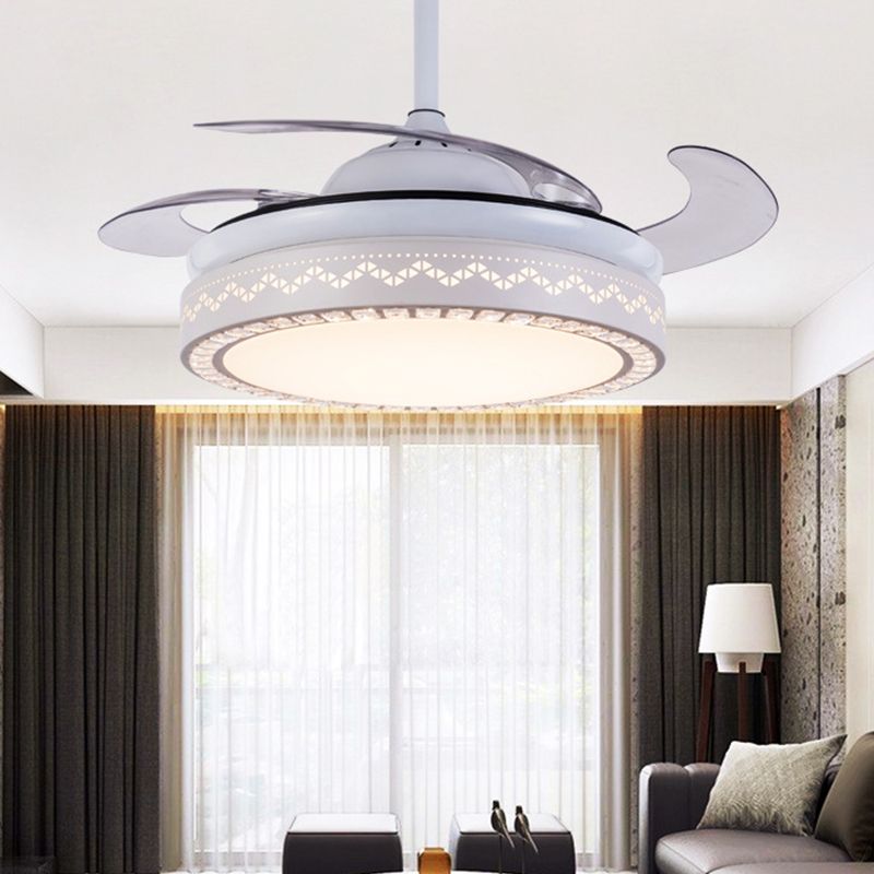 4-Blade Modernist LED Semi Flush Ceiling Light White Hollow-out Round Pendant Fan Lamp with Acrylic Shade, 19" Wide