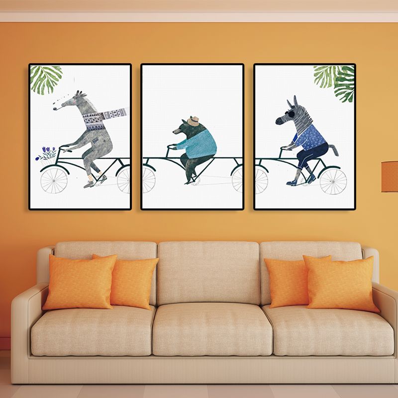 Animals Riding Bicycle Canvas Textured Cartoon Childrens Room Wall Art, Multi-Piece