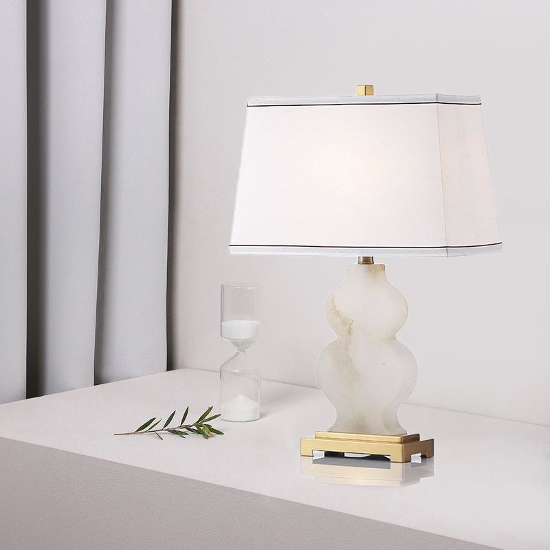 Tapered Task Light Modern Fabric 1 Head White Nightstand Lamp, Gourd Marble Base