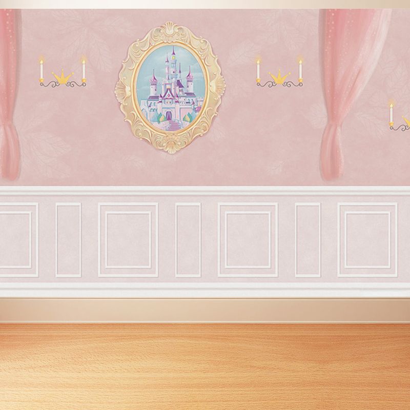 Whole House Interior Wall Mural Cartoon Drawing Candlestick and Drapes Wall Art in Pink