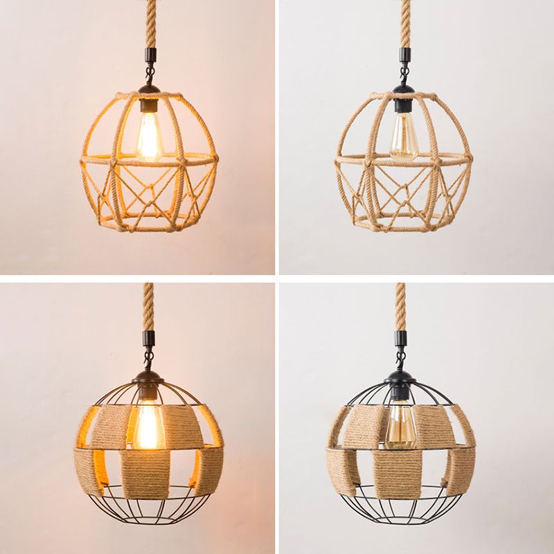 1-Bulb Pendant Lamp Countryside Cage Rope Suspension Light Fixture in Beige