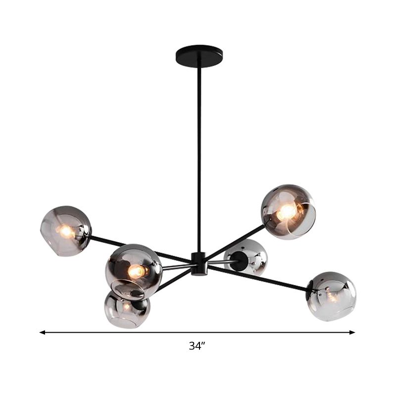 Black Round Hanging Chandelier Modernism 6 Heads Grey Glass Pendant Ceiling Light with Starburst Design