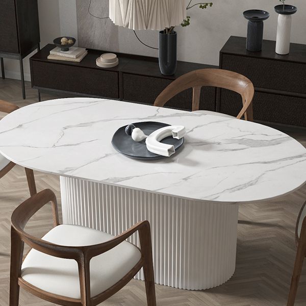 Oval White Tone Dining Table Luxury Pedestal Table for Dining Room