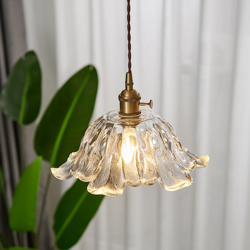 Klares strukturiertes Glas Messing Anhänger Blumen 1-Licht Vintage Hanging Light für Esszimmer