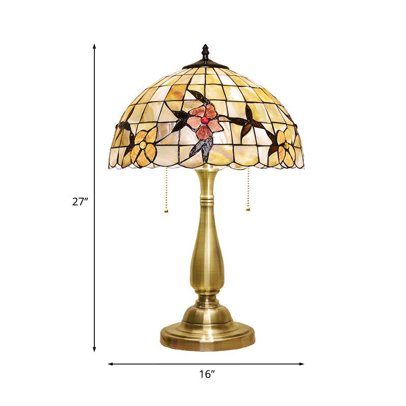 Tiffany Sparrow Pull-Chain Night Light 2-Head Shell Table Lamp in Brushed Brass for Bedside