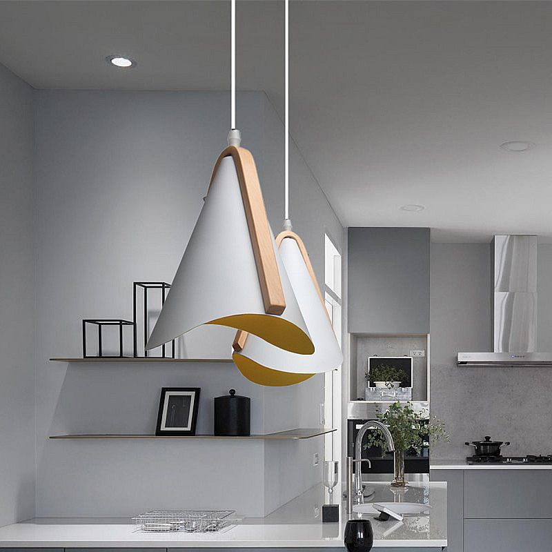 1-Light Nordic Style Hanging Light Wood Grain Metal Design Simplicity Suspension Lamp in White